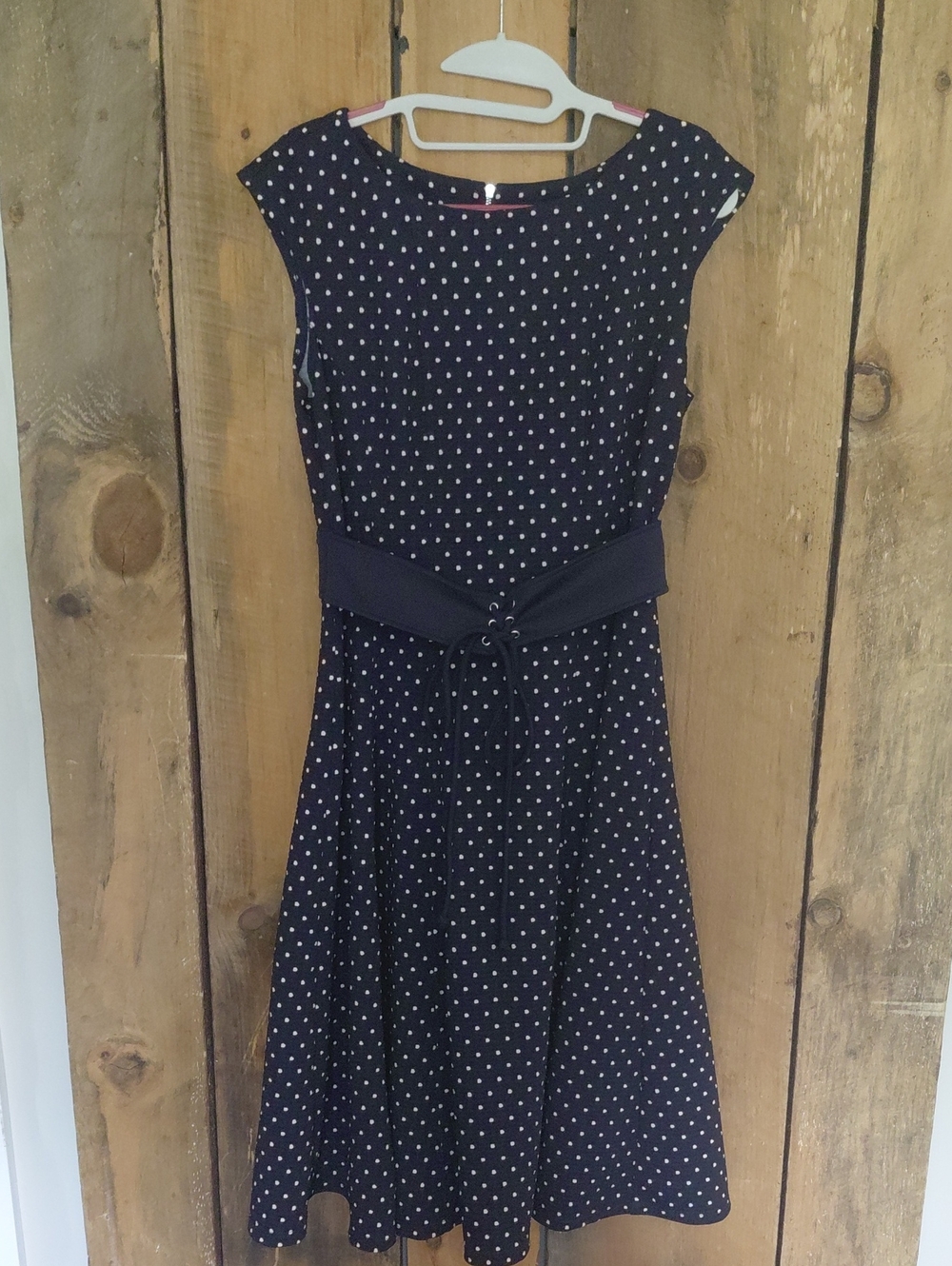 Danny & Nicole Navy Polka Dot Lace-Up Belt Midi Dress